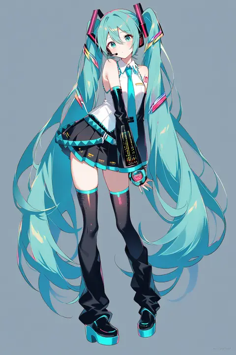 Knee-up half-body illustration of Hatsune Miku in her classic iconic default costume with sleeveless collared blouse, necktie, pleated miniskirt, arm warmers, thighhighs, platform boots, and digital wrist device against a clean studio background