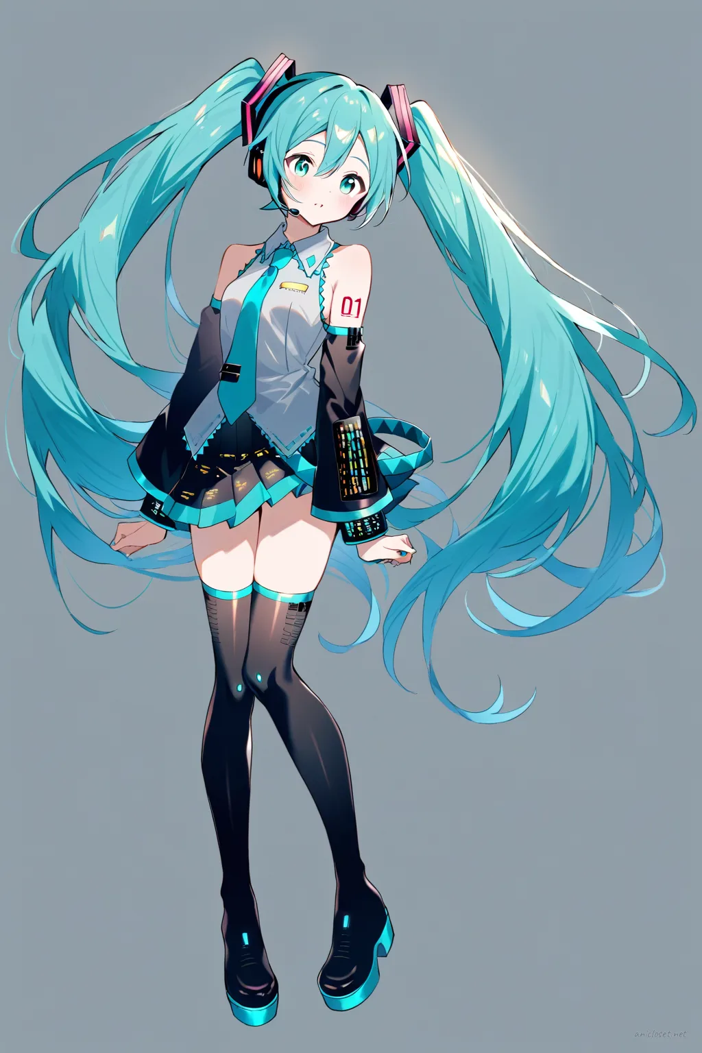 Knee-up half-body illustration of Hatsune Miku in a teal-gray sleeveless turtleneck blouse, pleated mini skirt, detached arm sleeves, black thigh-high stockings, and platform boots under soft studio lighting