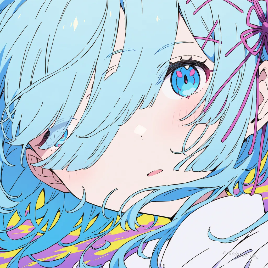 Three-quarter portrait of Rem from Re:Zero wearing a floral patterned kimono with furisode sleeves and traditional hair ornament, set against a simple background