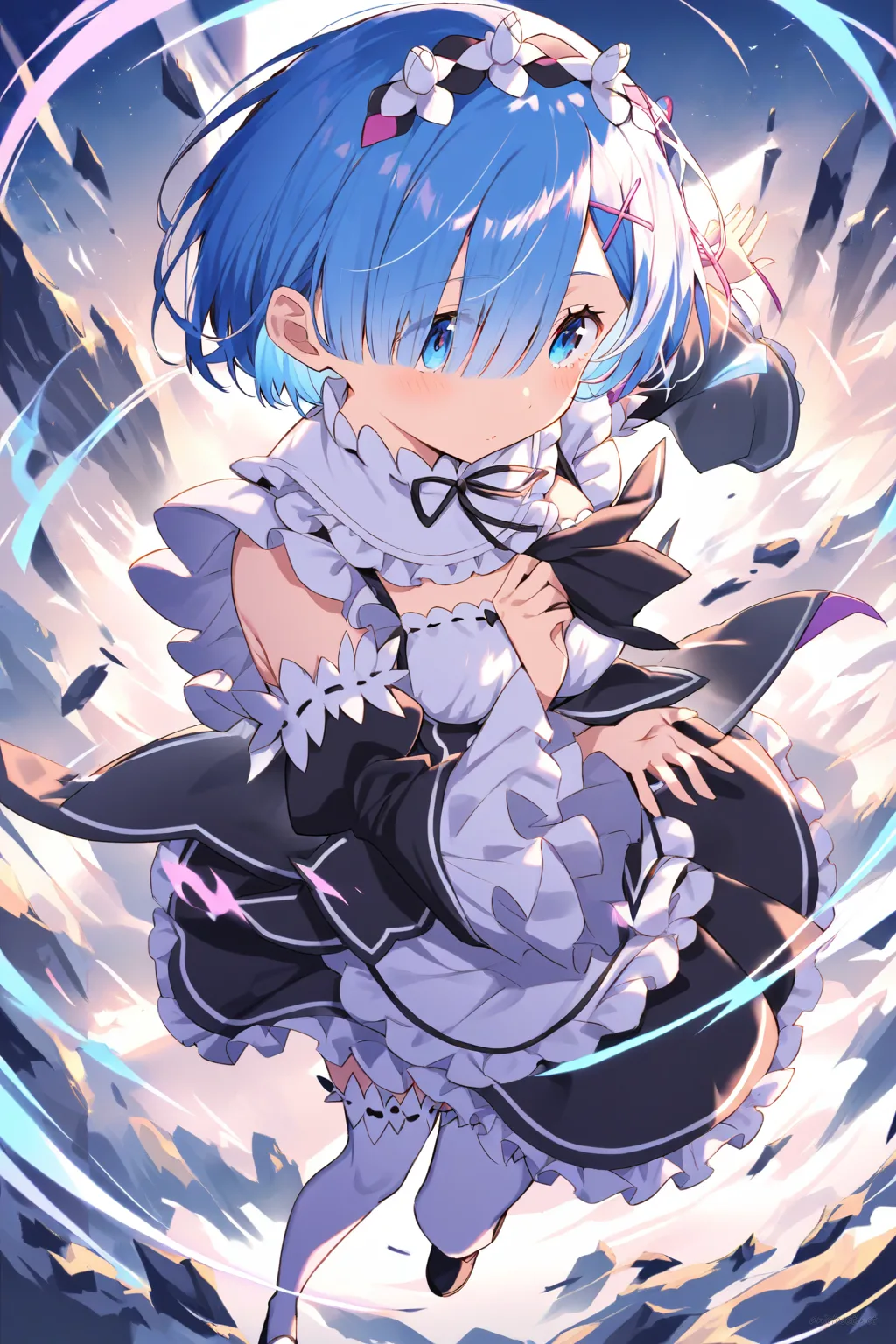 Full-body three-quarter view illustration of Rem from Re:Zero wearing her signature frilled maid dress with puffed sleeves, white apron, black ribbon necktie, thigh-high stockings, black mary jane shoes, lace cuffs, and white gloves against a simple studio background